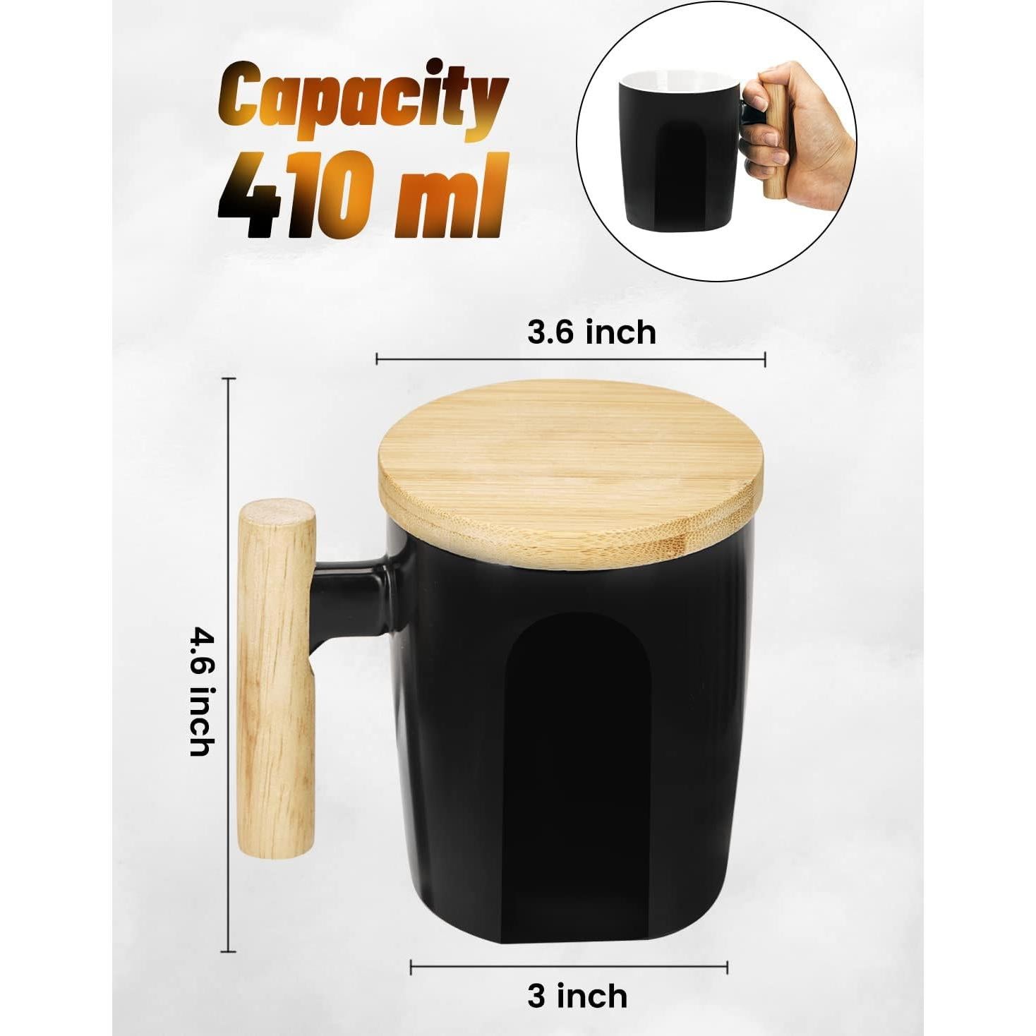 Taza de Cerámica HOWAY 414 ml con Tapa de Madera y Fondo Plano