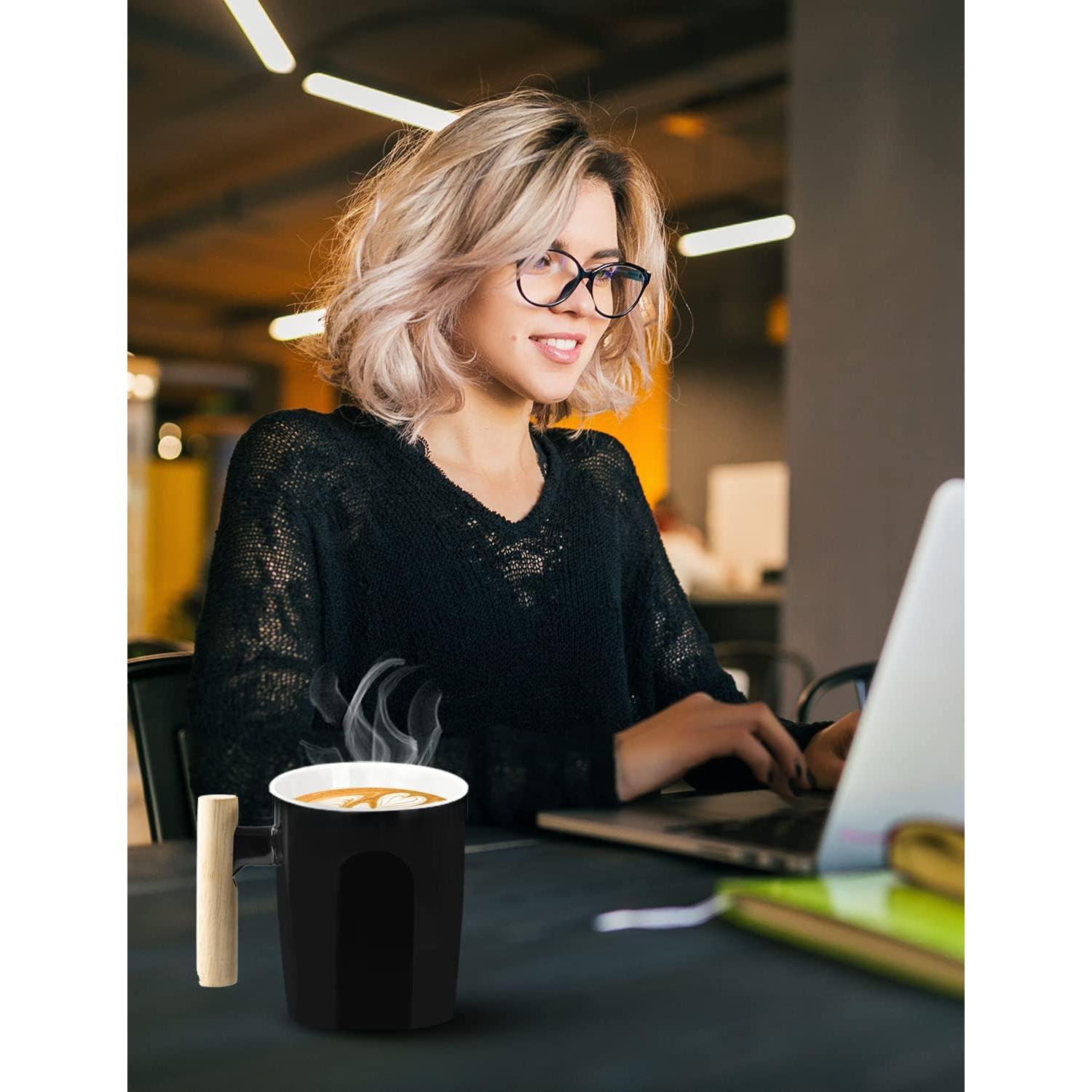 Taza de Cerámica HOWAY 414 ml con Tapa de Madera y Fondo Plano