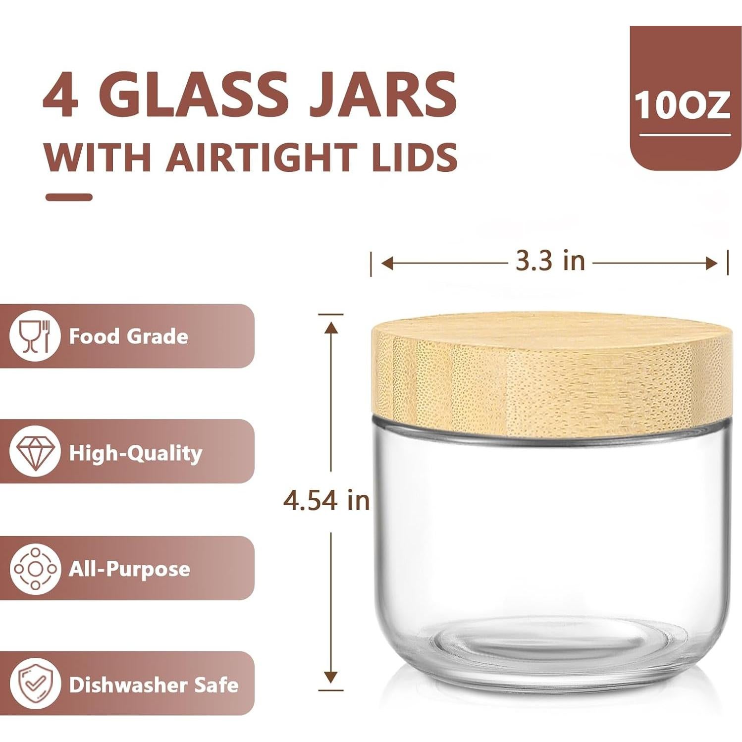 Tarros de Vidrio DRKIO 10 Oz con Tapas de Bambú - 4 Piezas