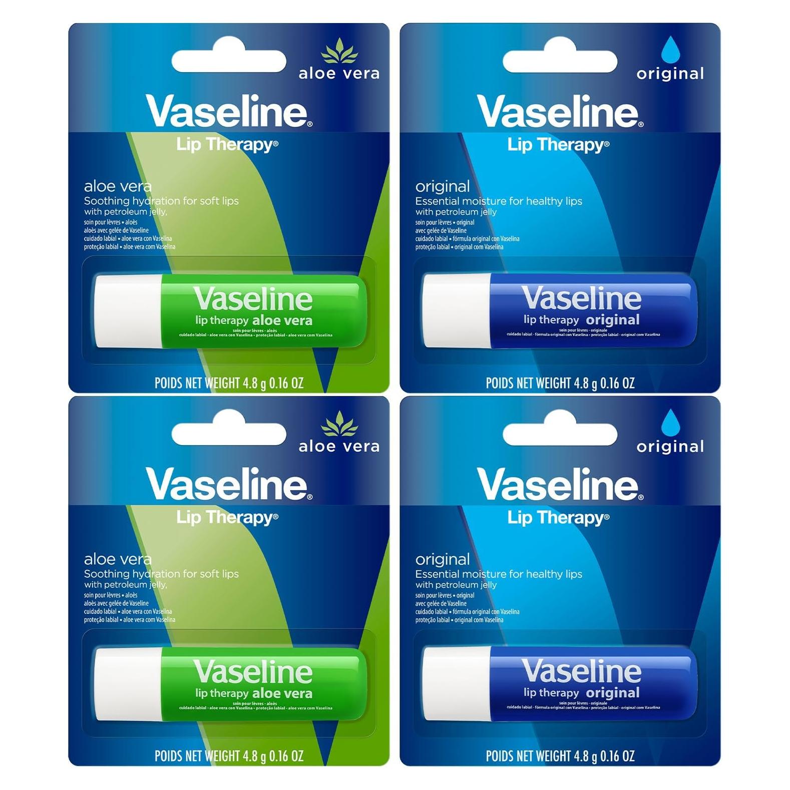 Bálsamo Labial Vaseline 4-Pack Original y Aloe Vera 4.8g