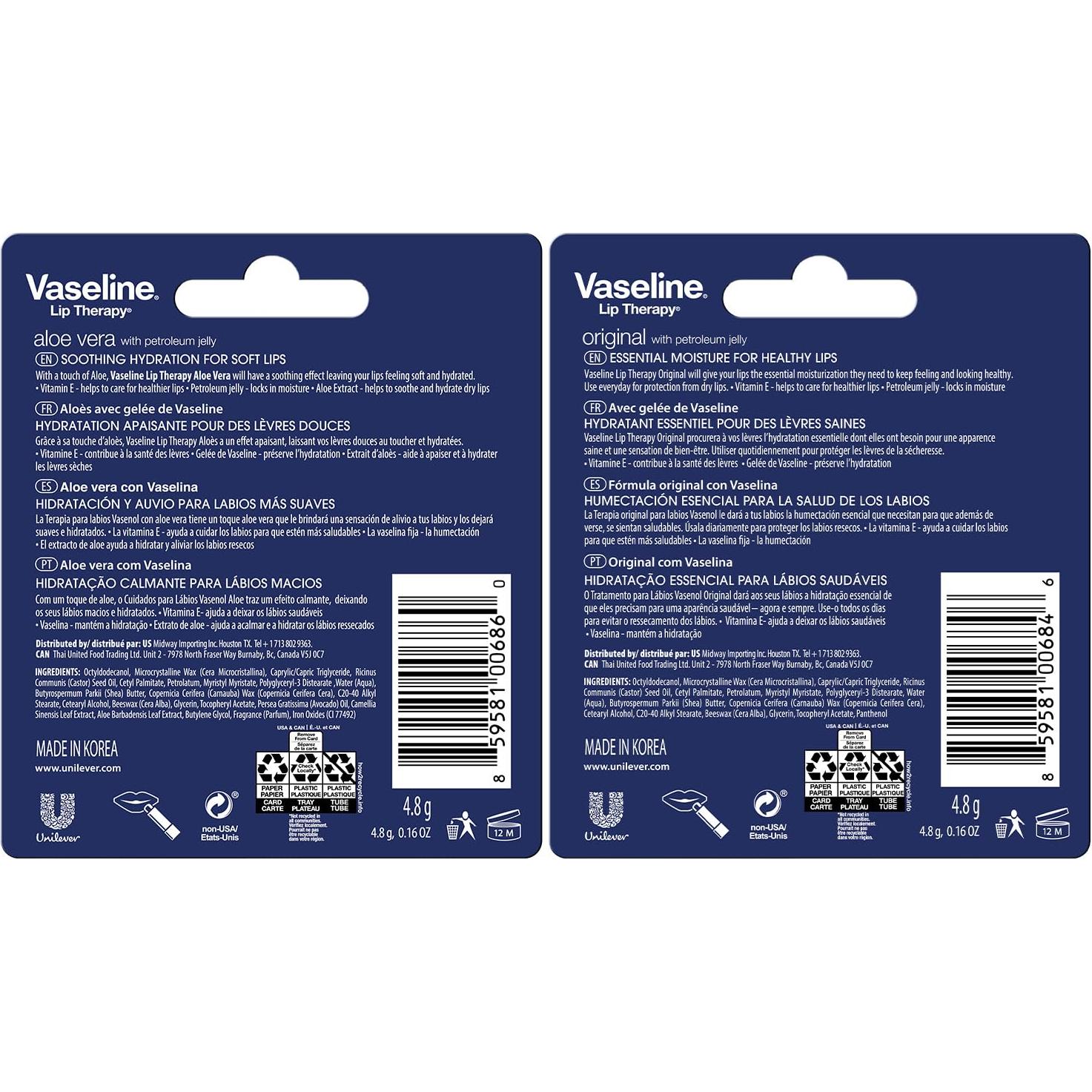 Bálsamo Labial Vaseline 4-Pack Original y Aloe Vera 4.8g