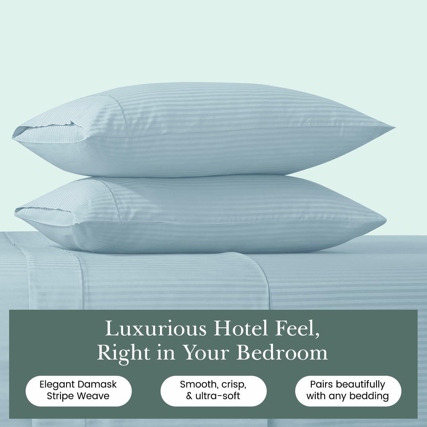 Feather & Stitch 100% Cotton King Pillow Covers Set of 2, 500TC Envelope Closure Pillowcases, Soft Luxury Damask Stripe Sateen Weave Pillow Case for Sleeping, 20x40 Inches - Aqua