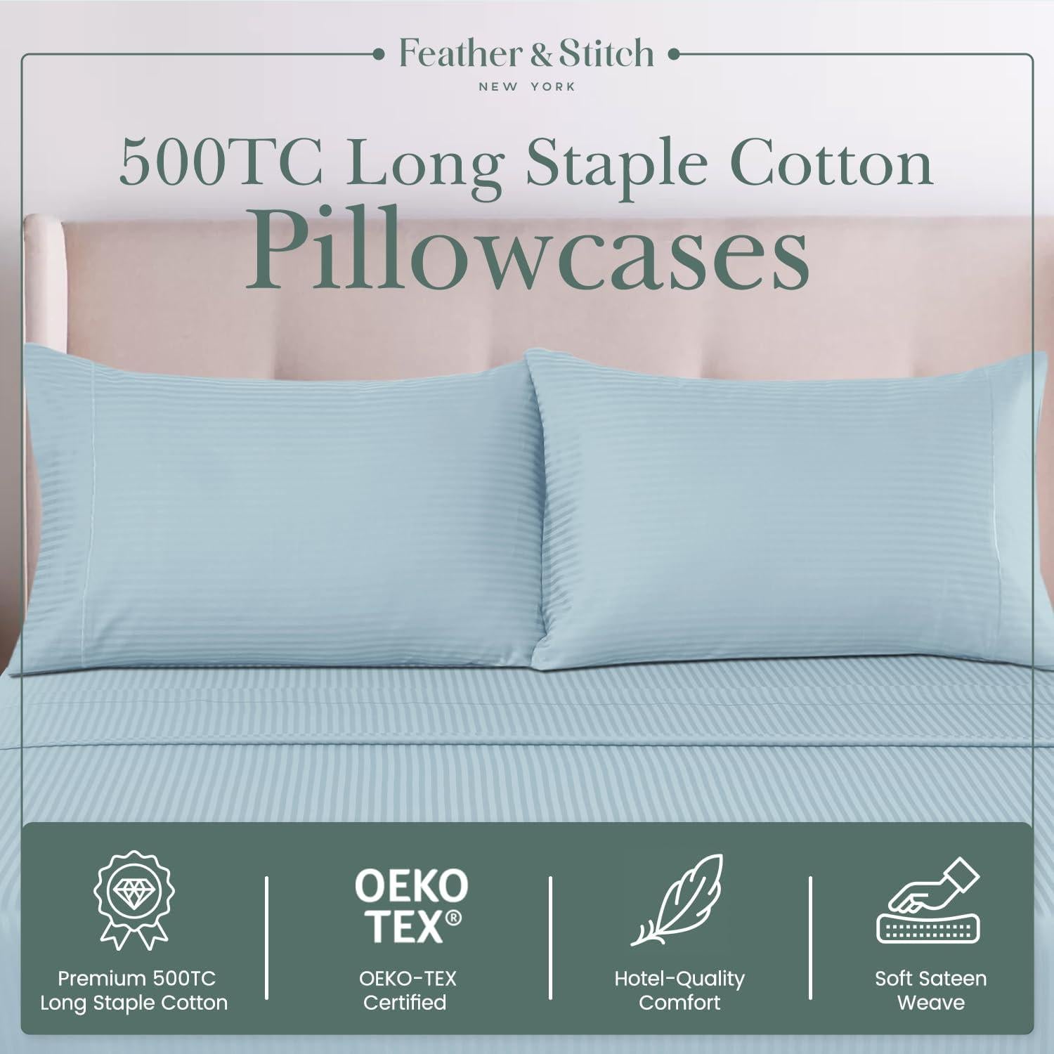Feather & Stitch 100% Cotton King Pillow Covers Set of 2, 500TC Envelope Closure Pillowcases, Soft Luxury Damask Stripe Sateen Weave Pillow Case for Sleeping, 20x40 Inches - Aqua