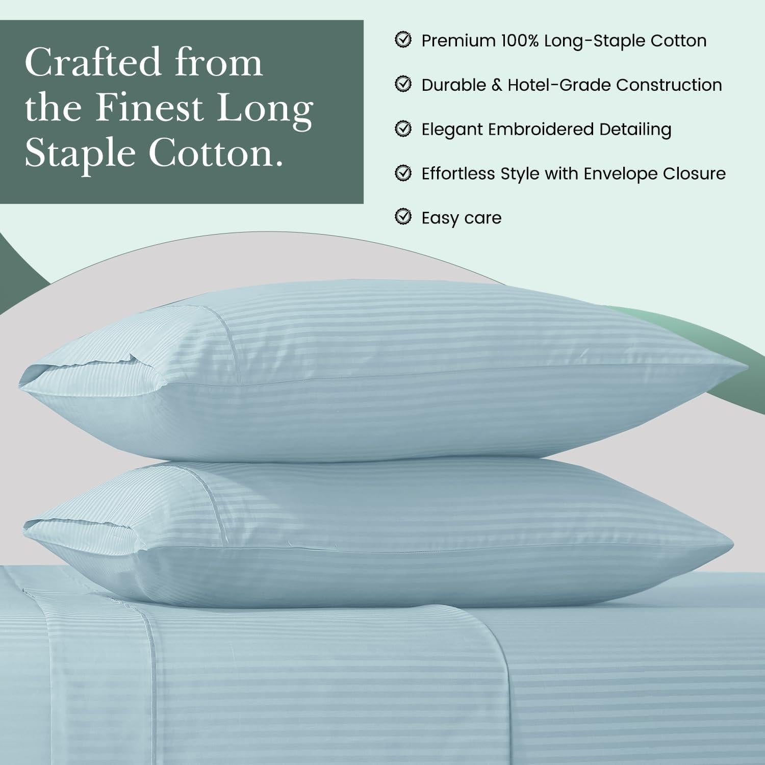Feather & Stitch 100% Cotton King Pillow Covers Set of 2, 500TC Envelope Closure Pillowcases, Soft Luxury Damask Stripe Sateen Weave Pillow Case for Sleeping, 20x40 Inches - Aqua