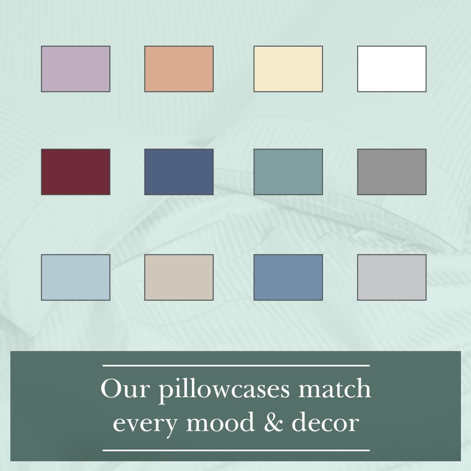 Feather & Stitch 100% Cotton King Pillow Covers Set of 2, 500TC Envelope Closure Pillowcases, Soft Luxury Damask Stripe Sateen Weave Pillow Case for Sleeping, 20x40 Inches - Aqua