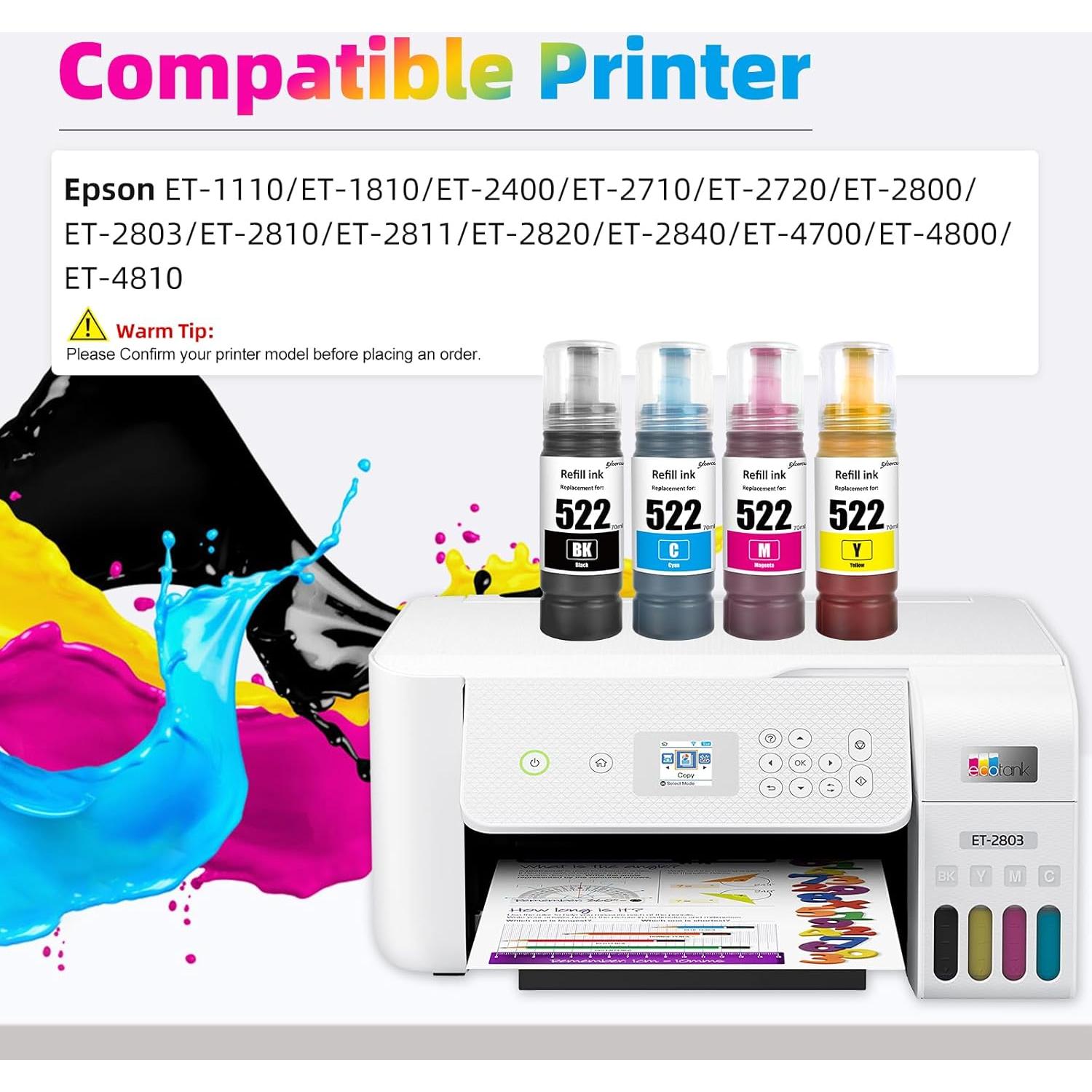 Botellas de Tinta de Recarga T522 EXCERCUS 4 Unidades 70ml