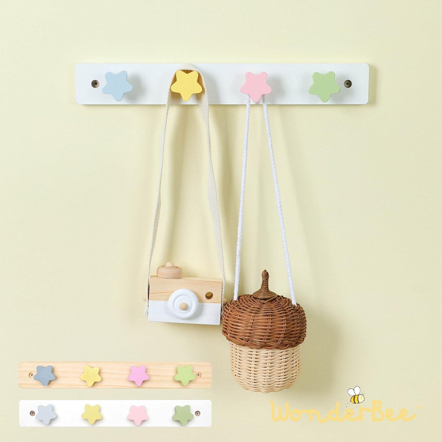 Perchero de Madera para Niños WONDERBEE 4 Ganchos Estrella Blanco