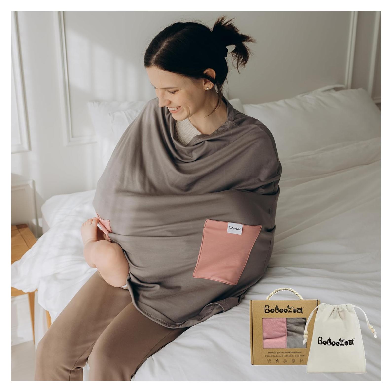 Cubierta de Lactancia de Bambú 6 en 1 con Bolsillos Beige/Rosa