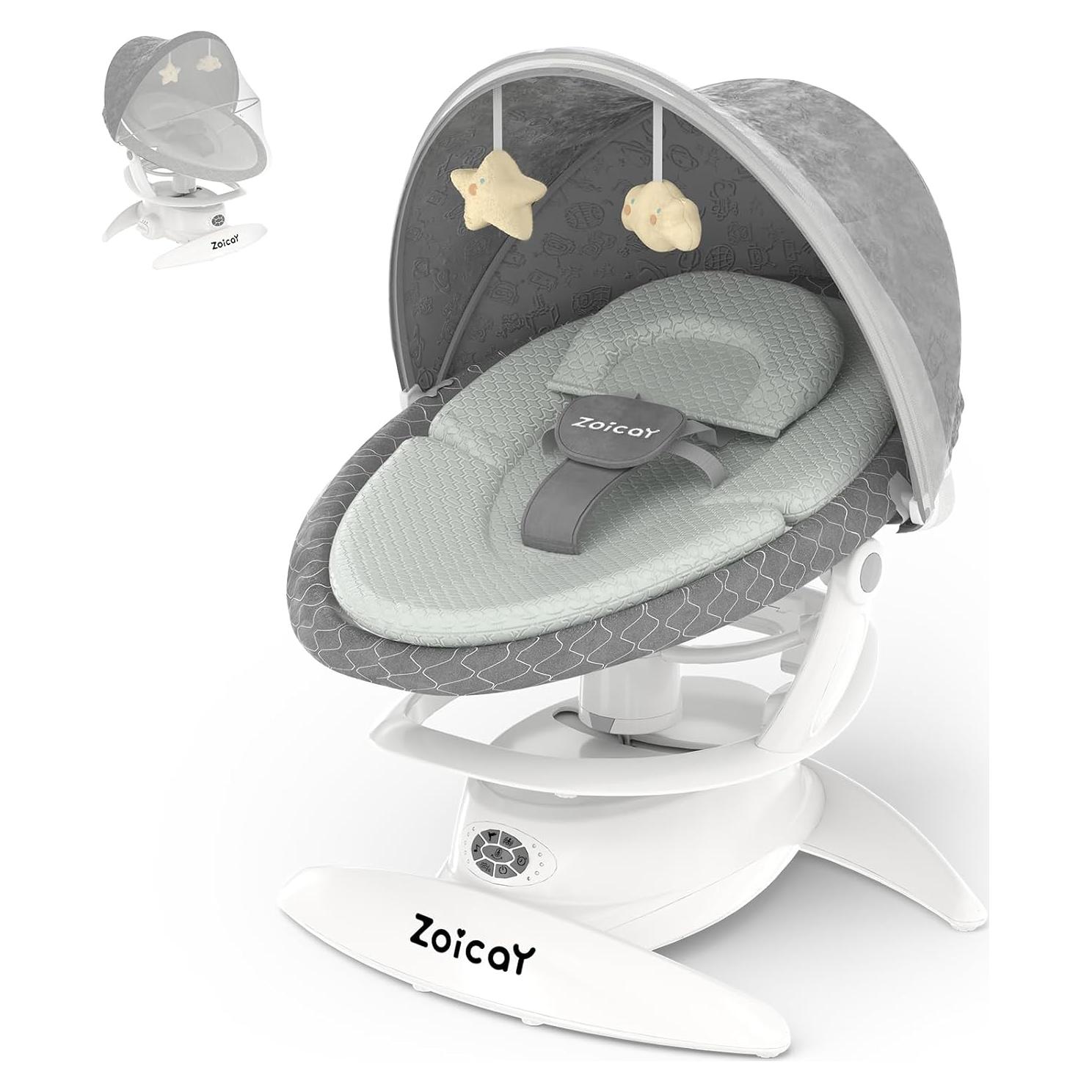 Hamaca eléctrica 3-en-1 Zoicay para bebés, Gris, 12 canciones