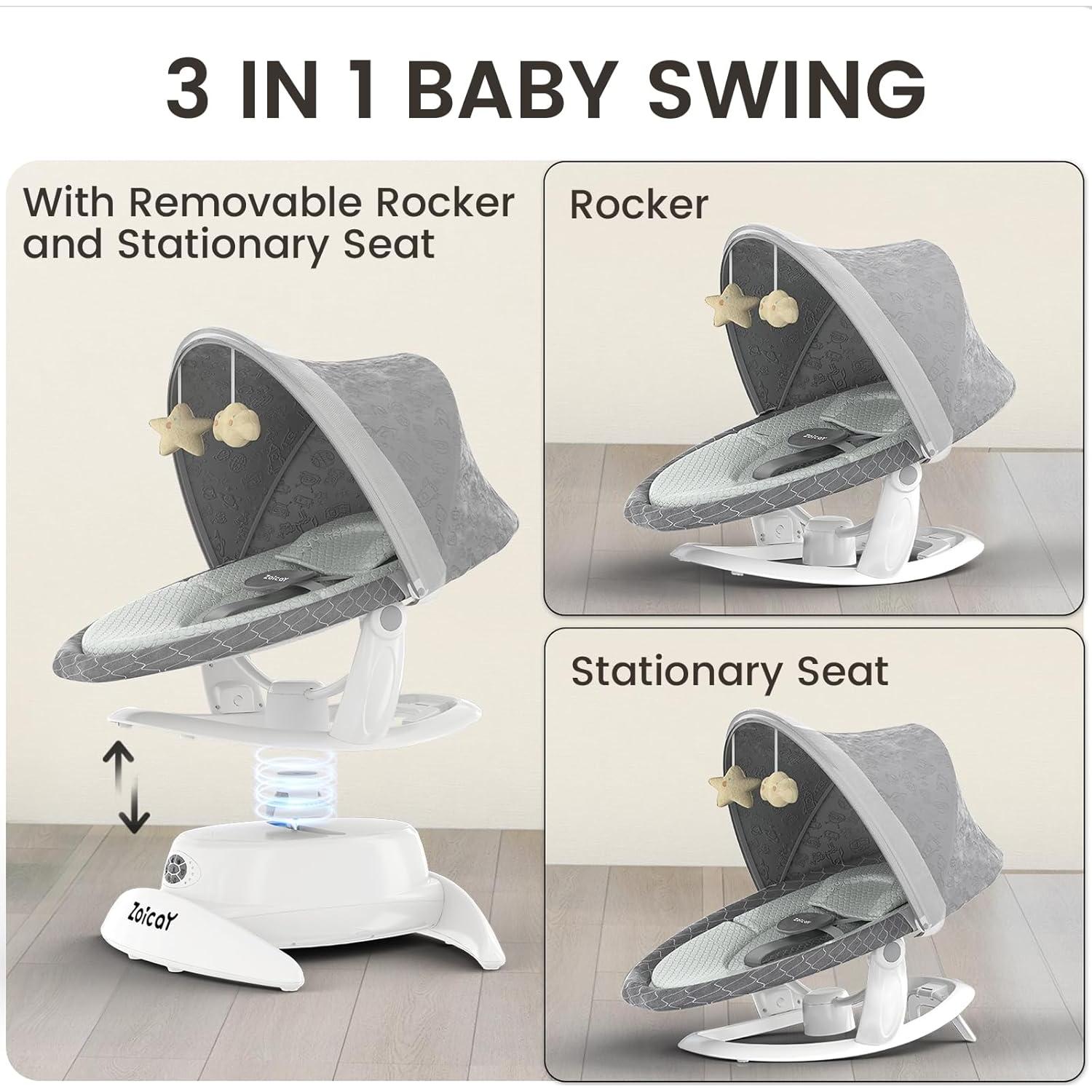 Hamaca eléctrica 3-en-1 Zoicay para bebés, Gris, 12 canciones