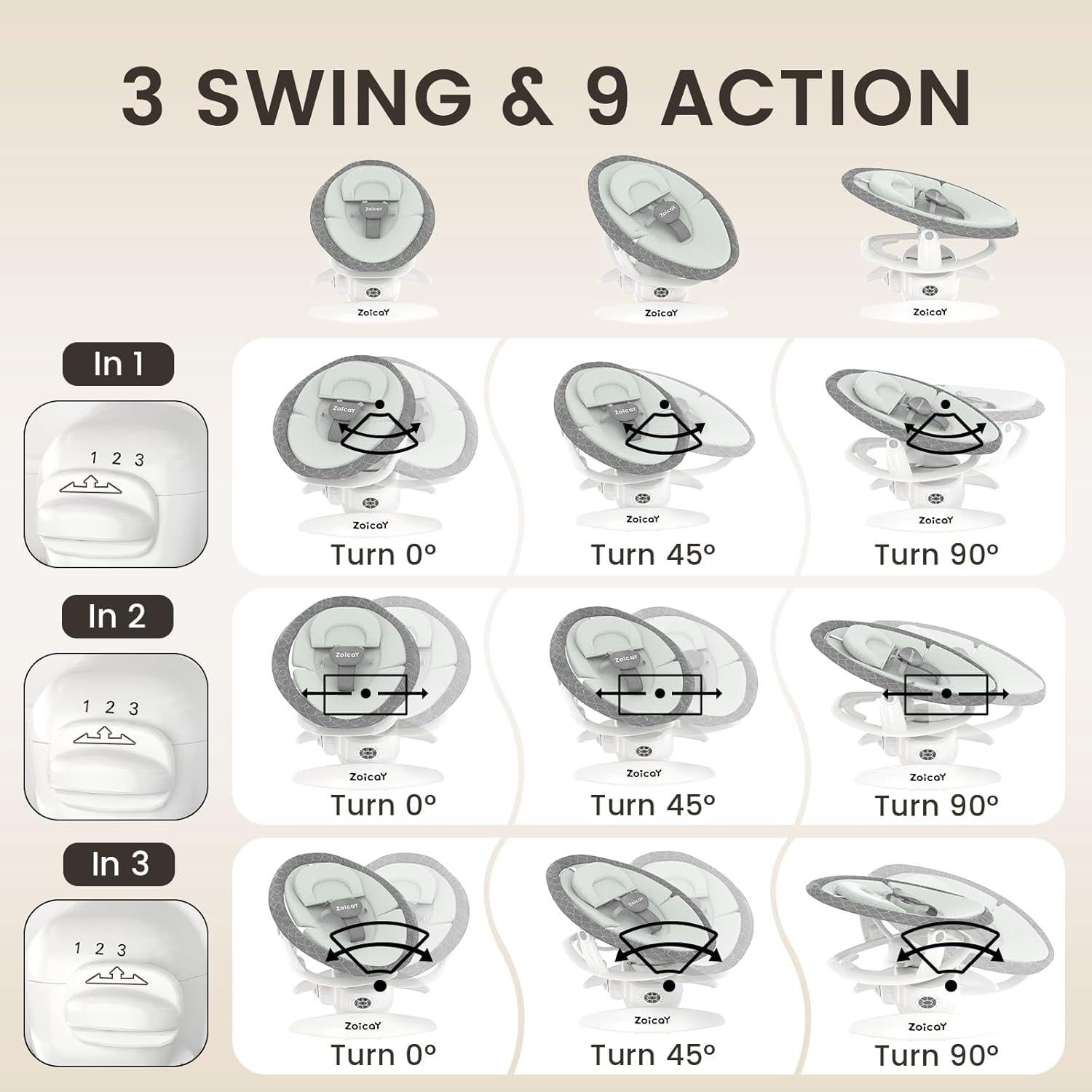 Hamaca eléctrica 3-en-1 Zoicay para bebés, Gris, 12 canciones