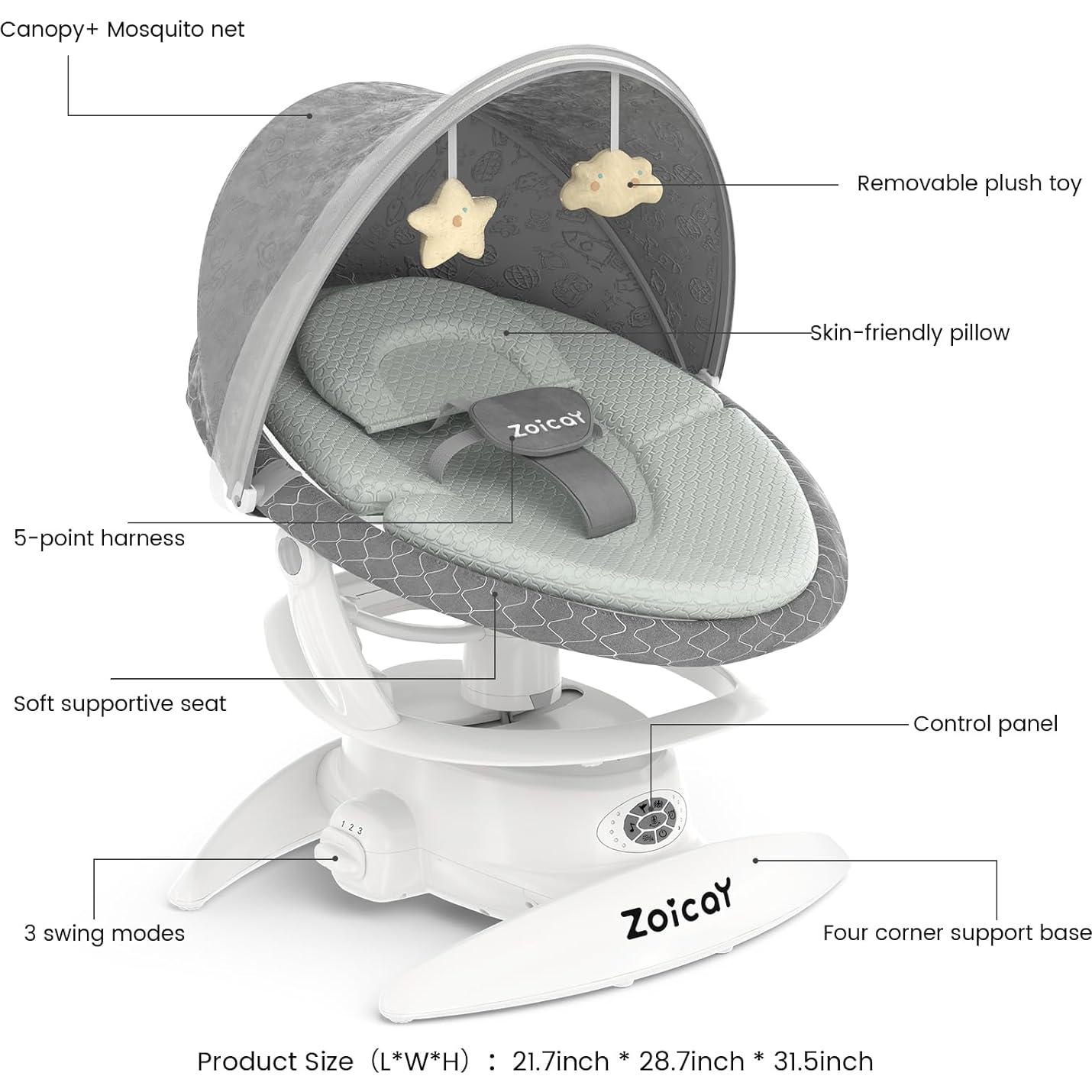 Hamaca eléctrica 3-en-1 Zoicay para bebés, Gris, 12 canciones