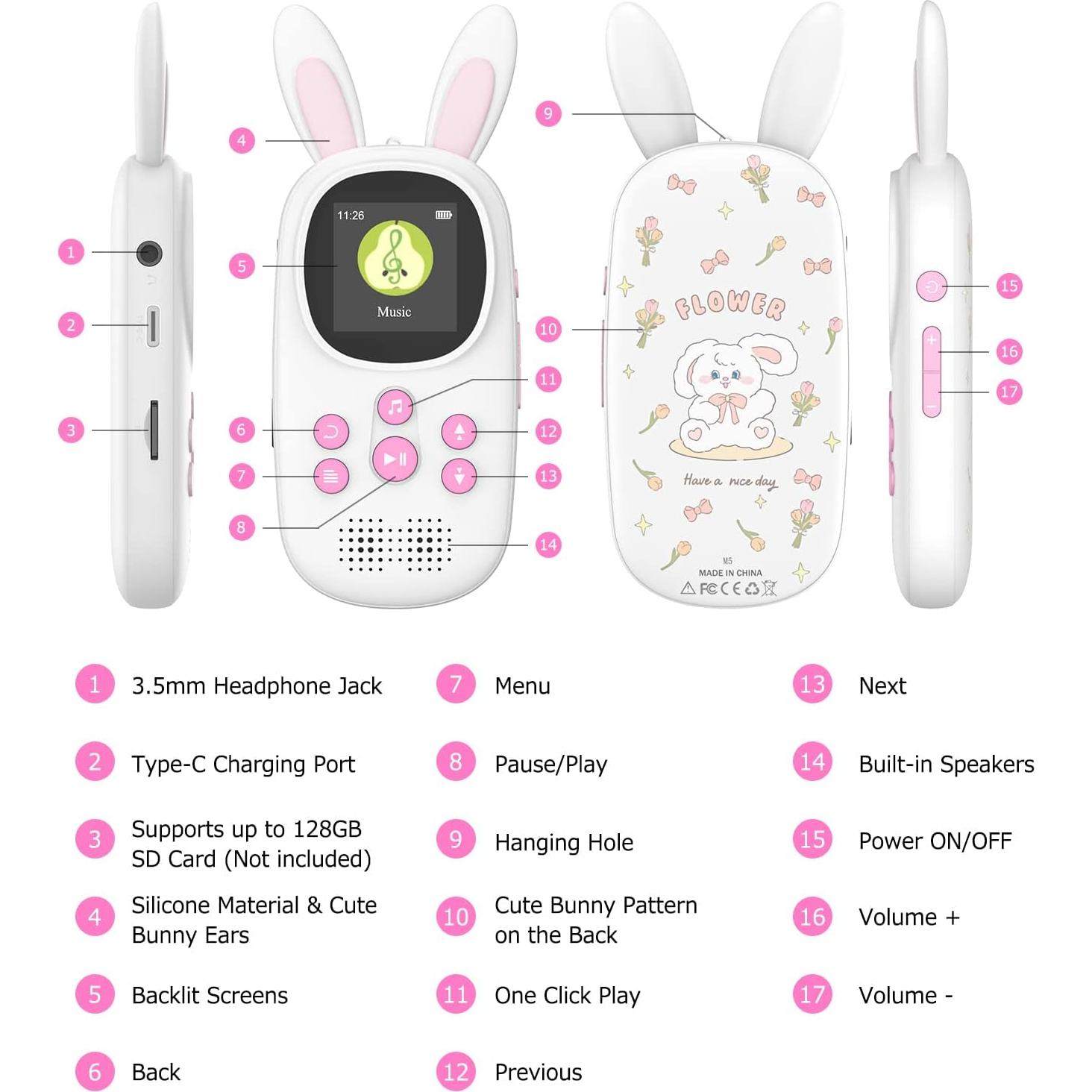 Reproductor MP3 para Niños ChenFec M5 32GB Bluetooth Rosa