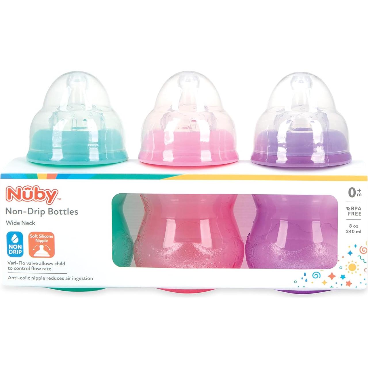 Botellas Anchas Sin Goteo Nuby - 3 Piezas 240 mL Anticólicos