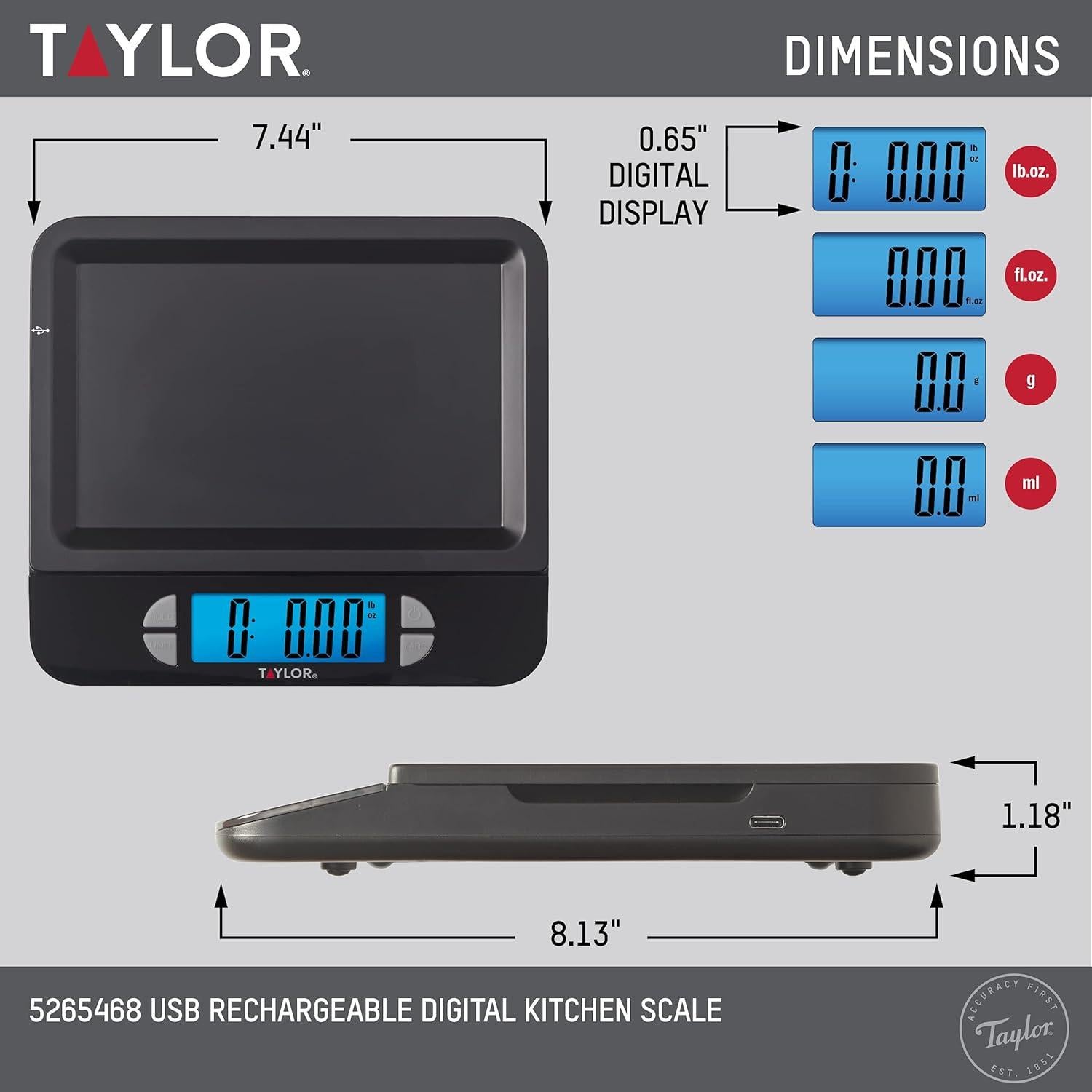Báscula Digital de Cocina Taylor 11 lb Recargable USB Acero