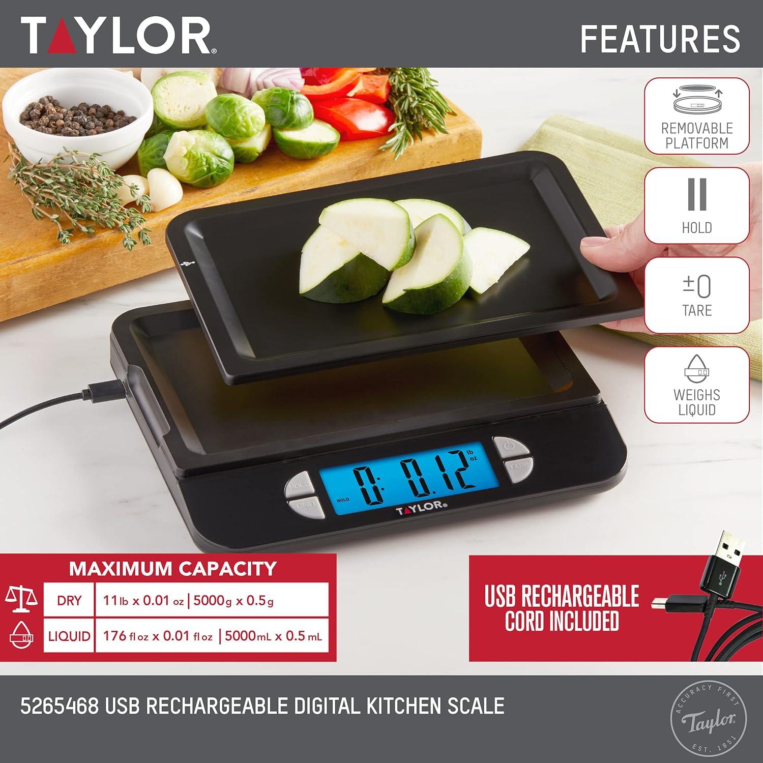 Báscula Digital de Cocina Taylor 11 lb Recargable USB Acero