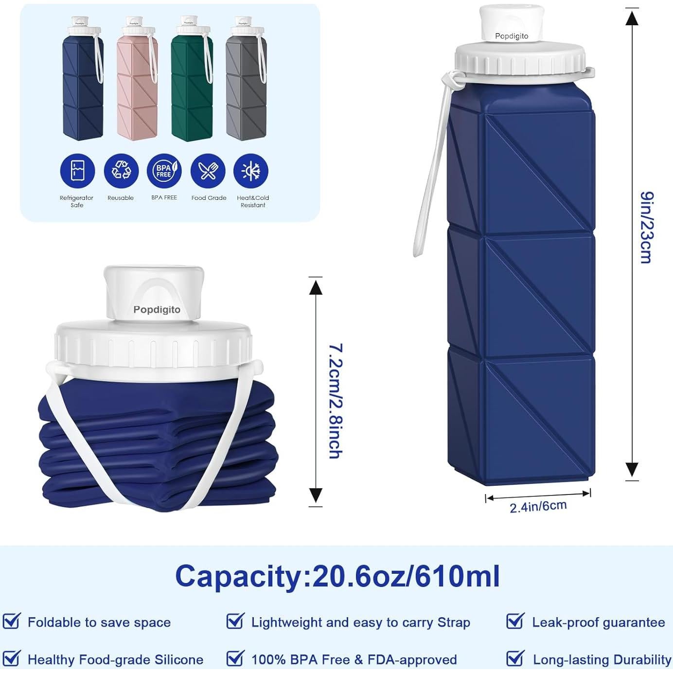 Botella de Agua Plegable Popdigito 610ml Silicona a Prueba de Fugas