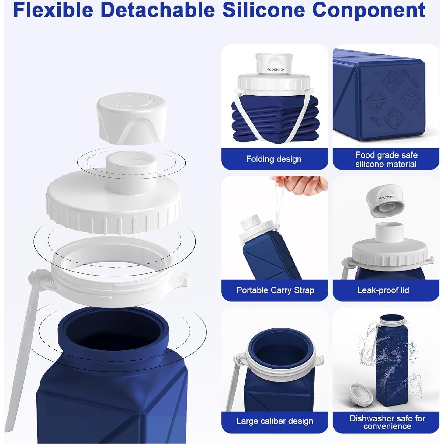 Botella de Agua Plegable Popdigito 610ml Silicona a Prueba de Fugas