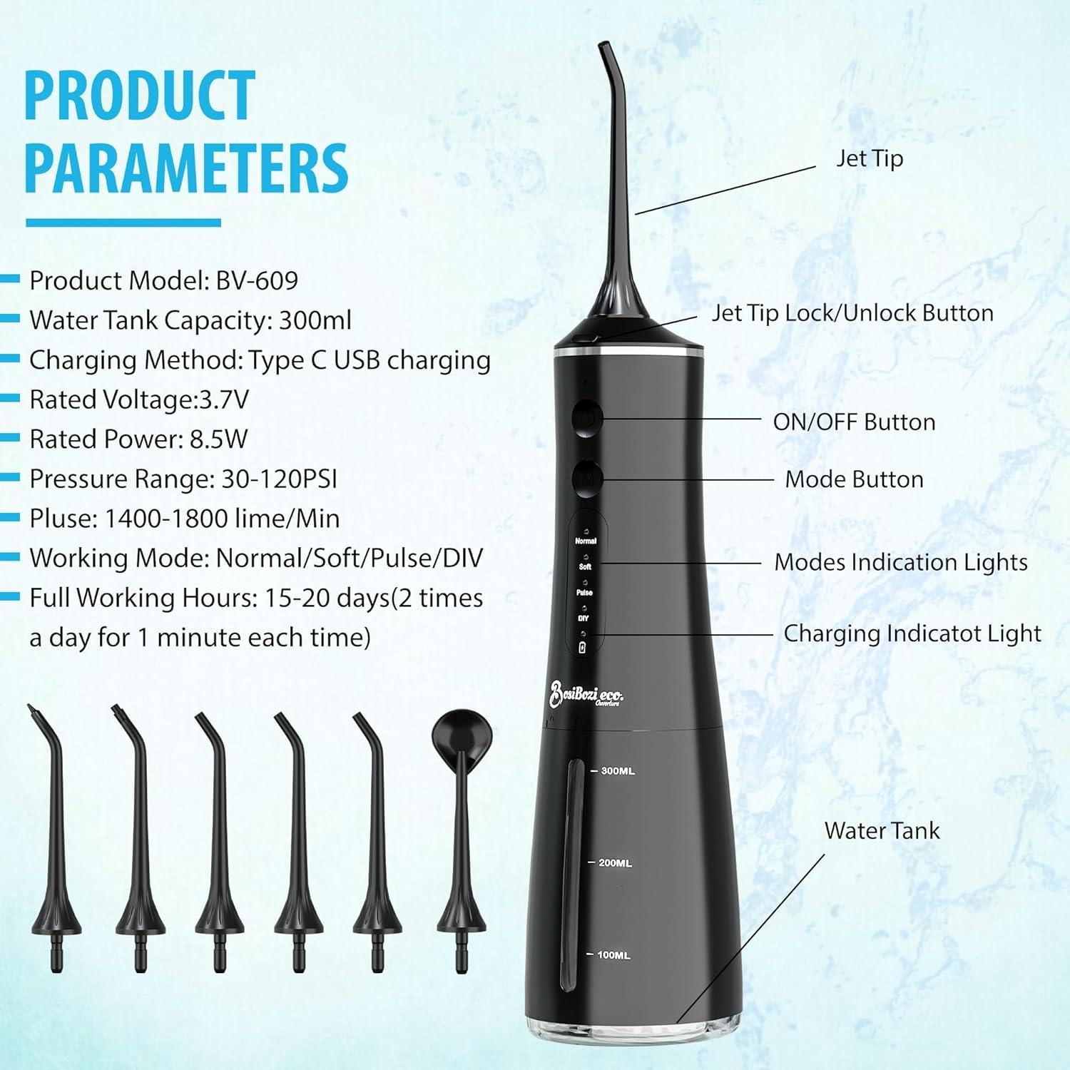 Irrigador Dental BosiBozi Recargable 300ML IPX7 4 Modos
