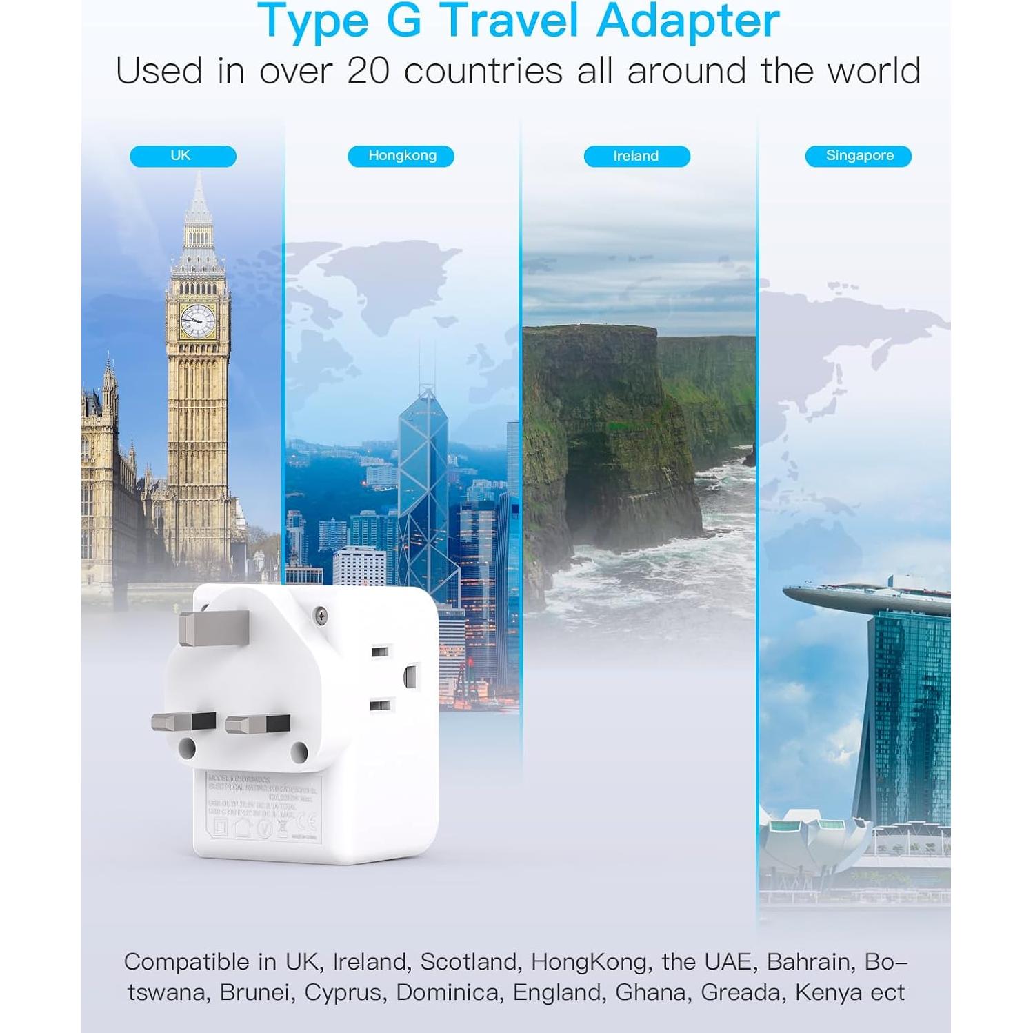 Adaptador de Enchufe de Viaje One Beat Tipo G 3 Salidas USB