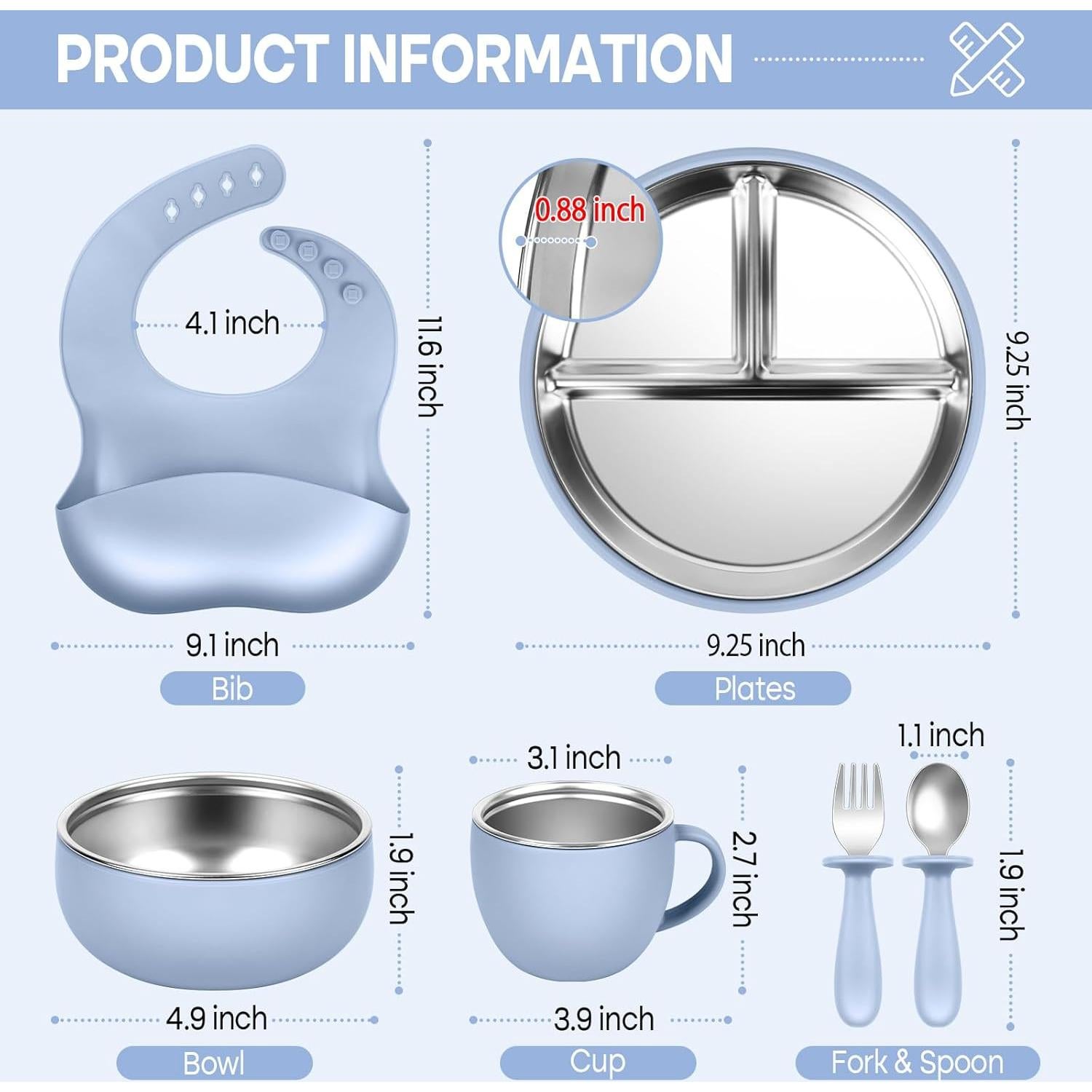 Juego de Platos y Cuencos de Acero Inoxidable Gksuu 6 Piezas Bebés