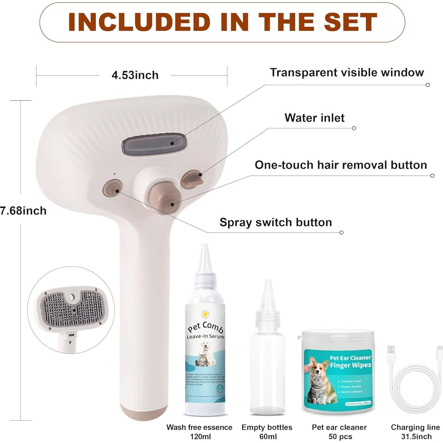 Cepillo de Vapor para Mascotas BKUSX 5 en 1 USB - Pelo Corto y Largo