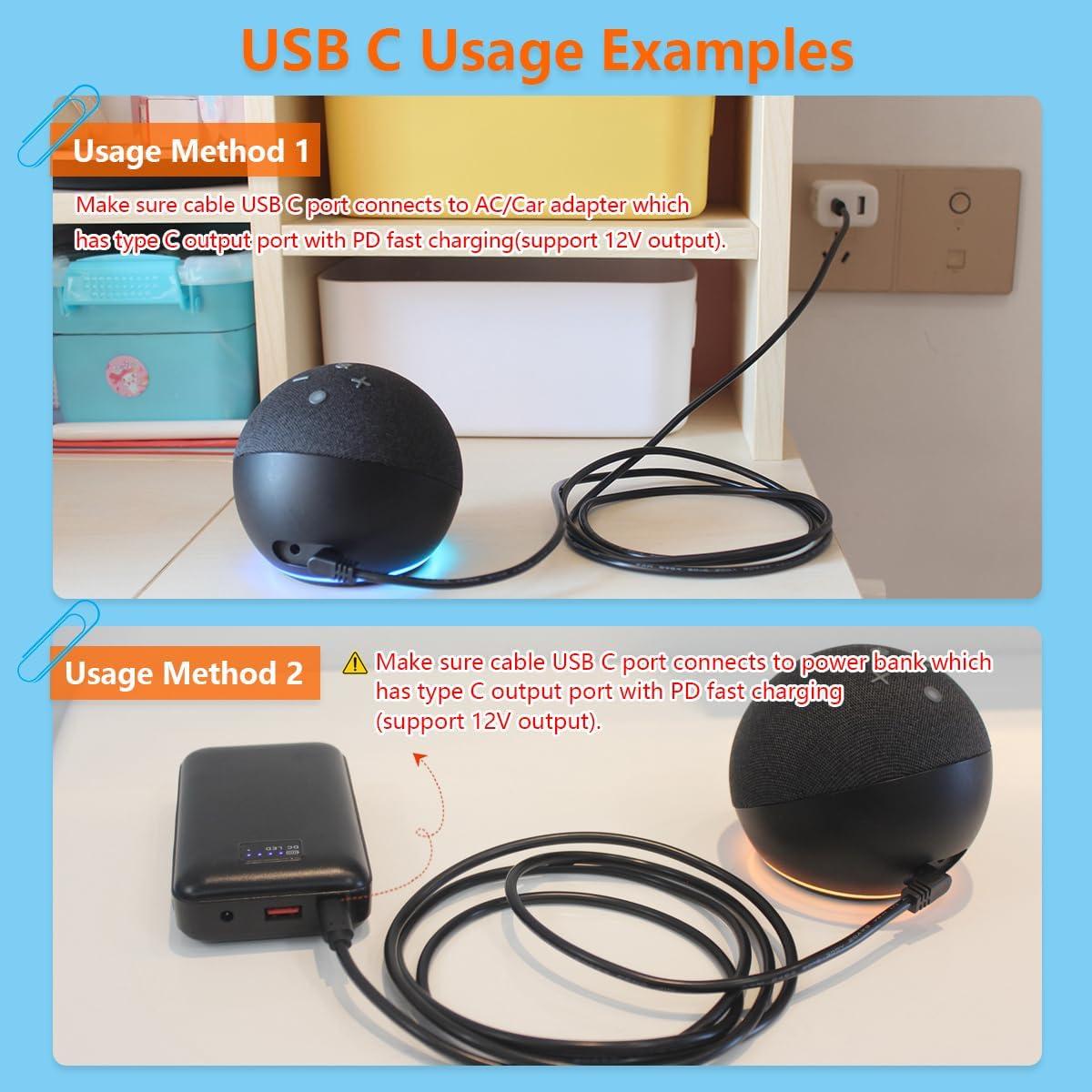 Adaptador de Cargador USB C a DC Wamlet para Echo Dot 3ra/4ta Gen