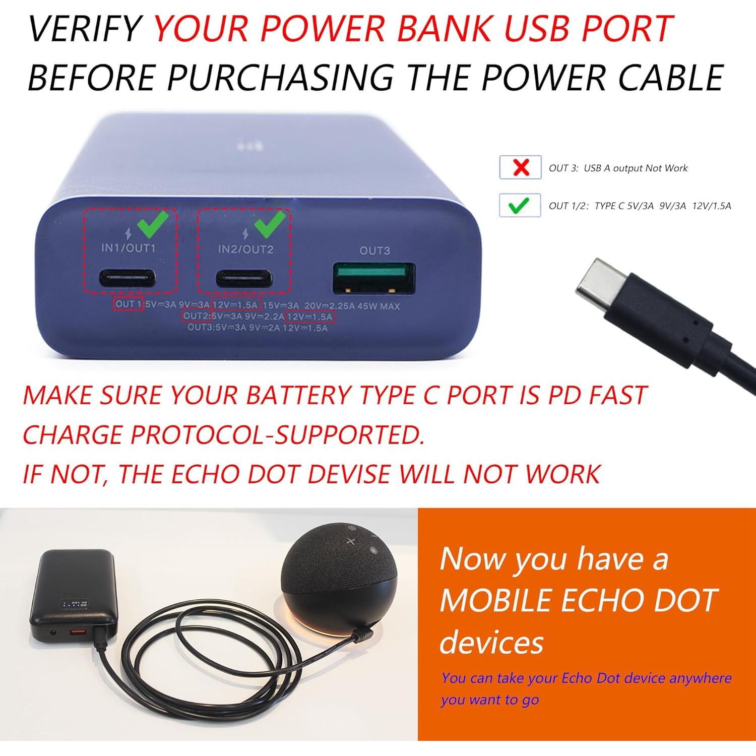 Adaptador de Cargador USB C a DC Wamlet para Echo Dot 3ra/4ta Gen