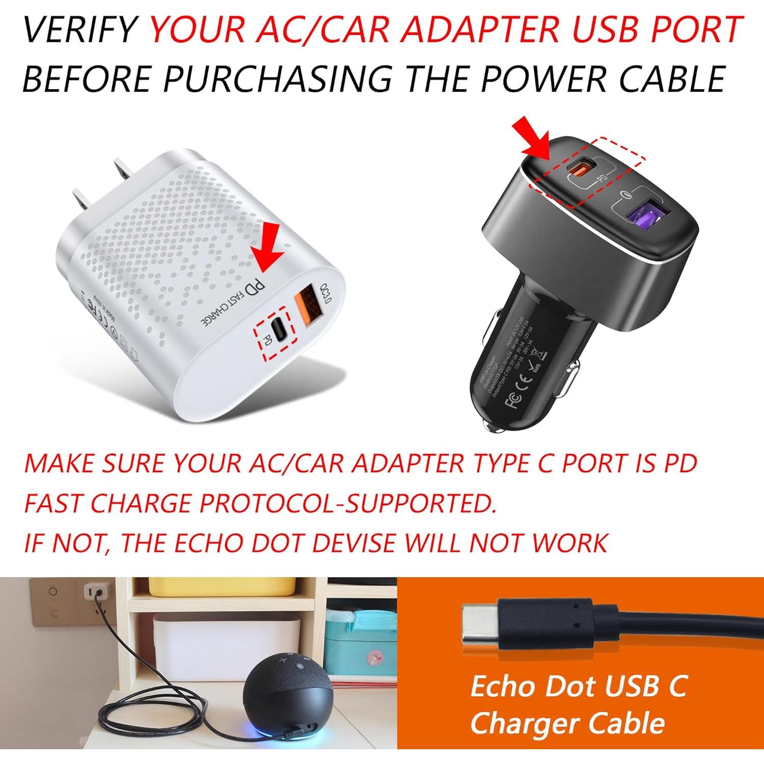 Adaptador de Cargador USB C a DC Wamlet para Echo Dot 3ra/4ta Gen