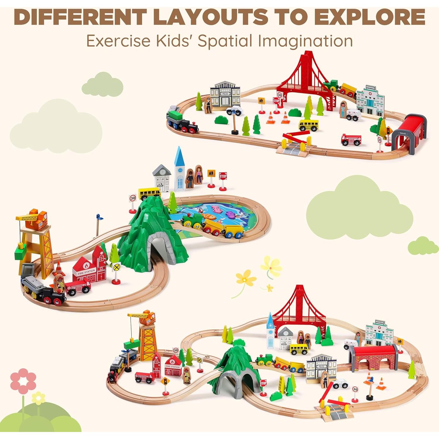 Juego de Tren de Madera SainSmart Jr. 112 Piezas para Niños