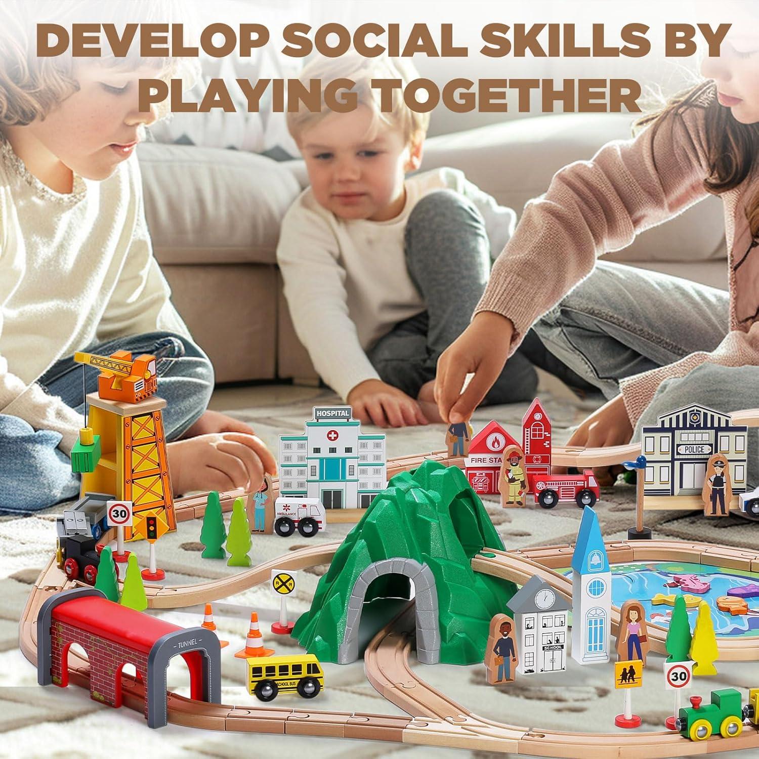 Juego de Tren de Madera SainSmart Jr. 112 Piezas para Niños