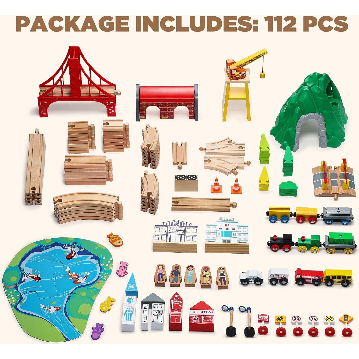 Juego de Tren de Madera SainSmart Jr. 112 Piezas para Niños