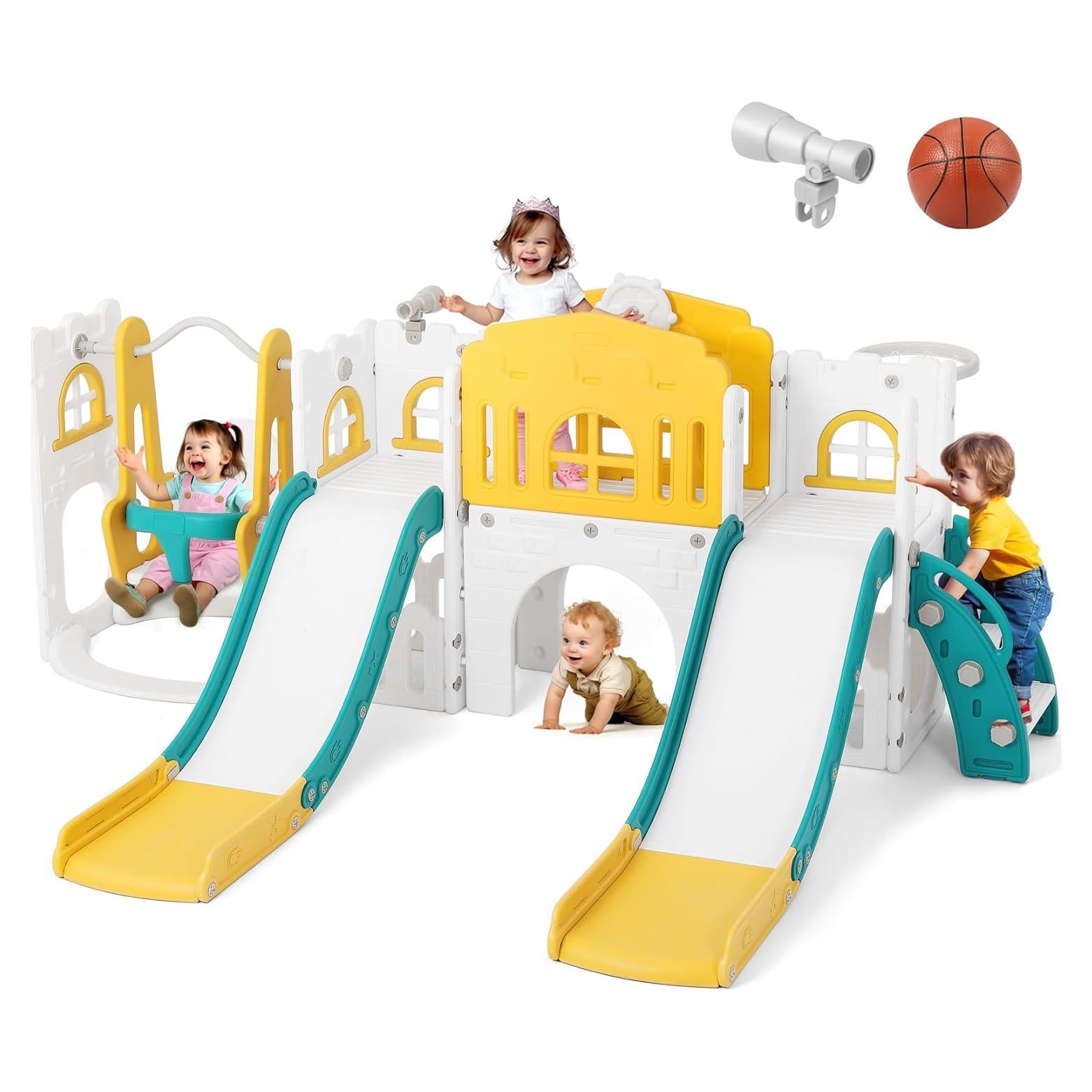 Tobogán Doble JOYLDIAS 10 en 1 con Columpio y Aro de Baloncesto