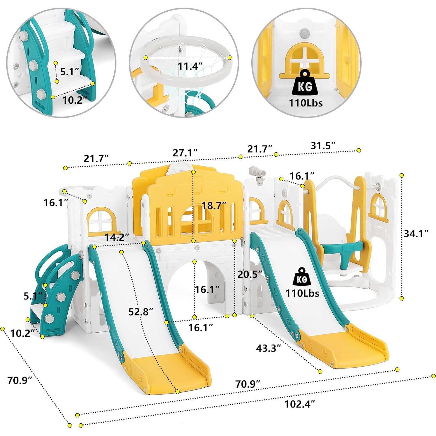 Tobogán Doble JOYLDIAS 10 en 1 con Columpio y Aro de Baloncesto