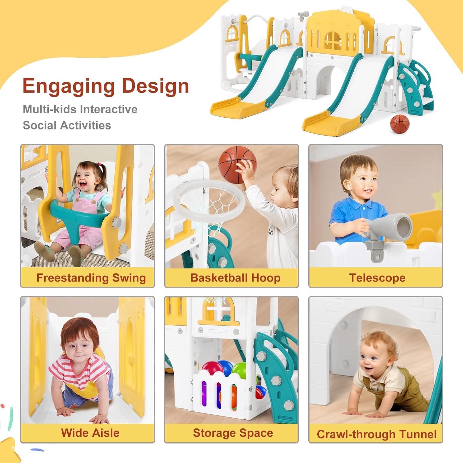 Tobogán Doble JOYLDIAS 10 en 1 con Columpio y Aro de Baloncesto