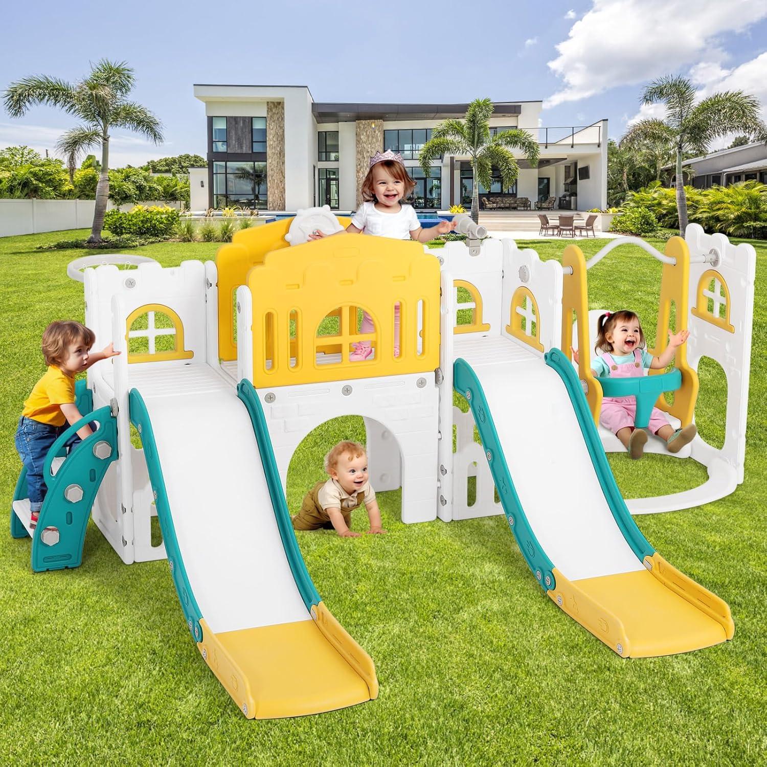 Tobogán Doble JOYLDIAS 10 en 1 con Columpio y Aro de Baloncesto