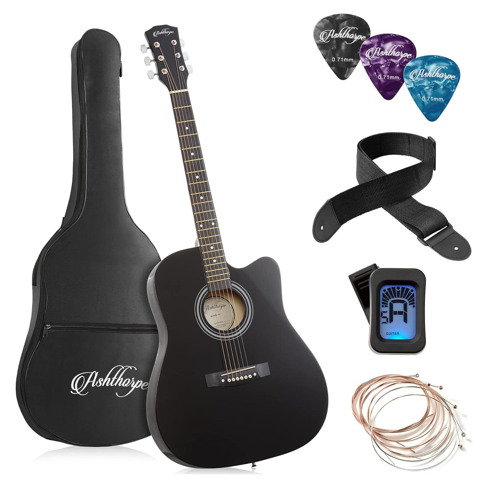 Guitarra acústica Ashthorpe 41" negra para principiantes con kit