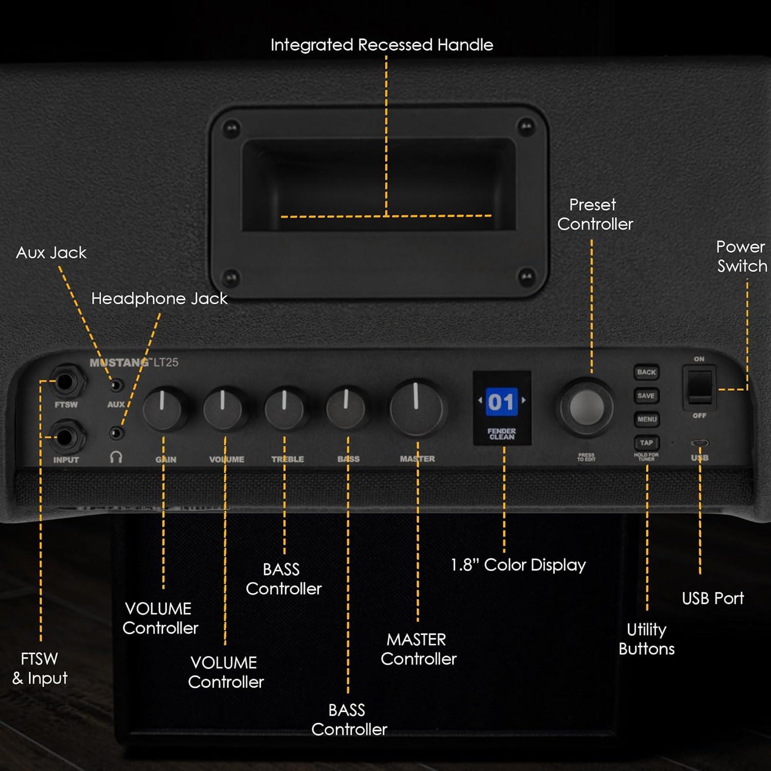Amplificador Combo Fender Mustang LT25 25W con Cable y 12 Púas