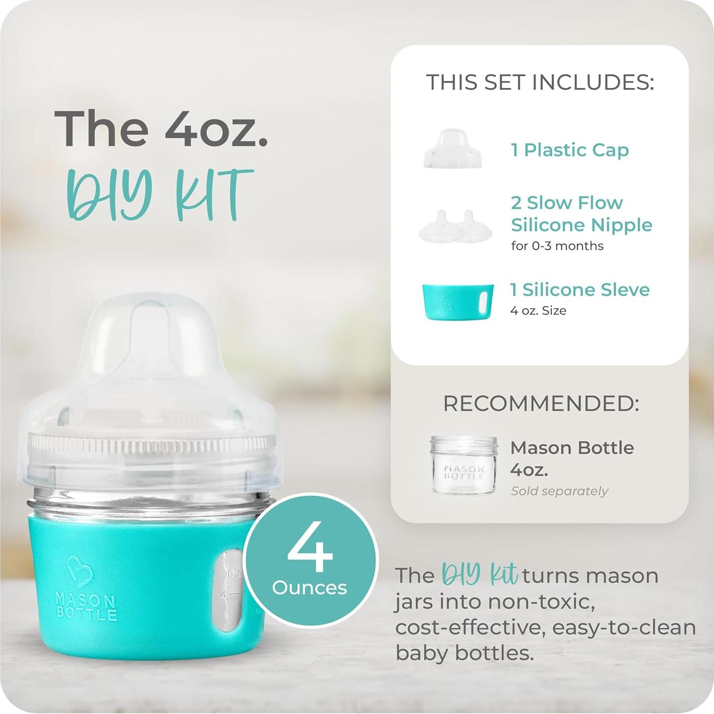 Kit de Botella de Vidrio para Bebés Mason 4oz - Incluye Tetinas y Manga