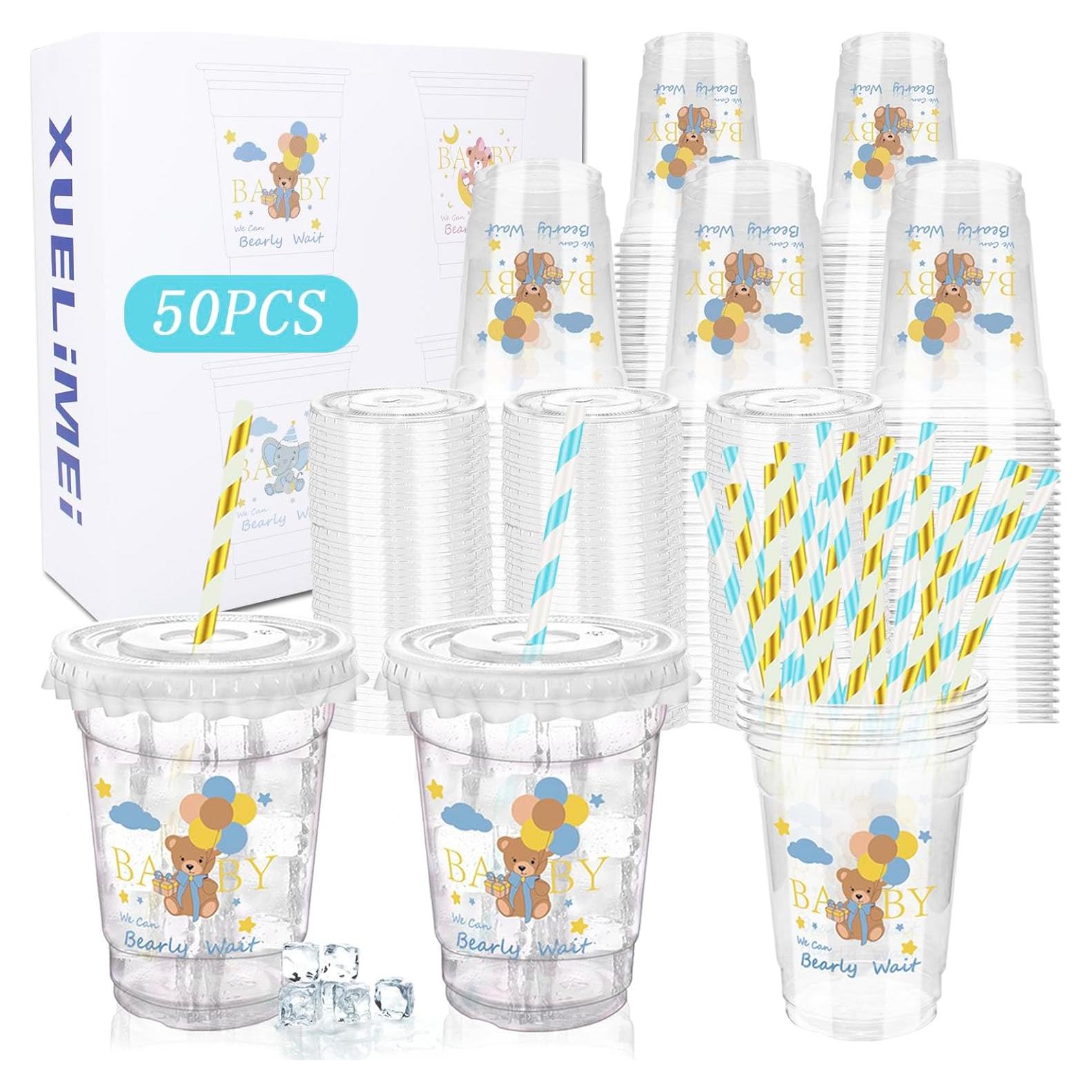 50 Vasos de Plástico Desechables Xuelimei 12 oz Azul con Tapas