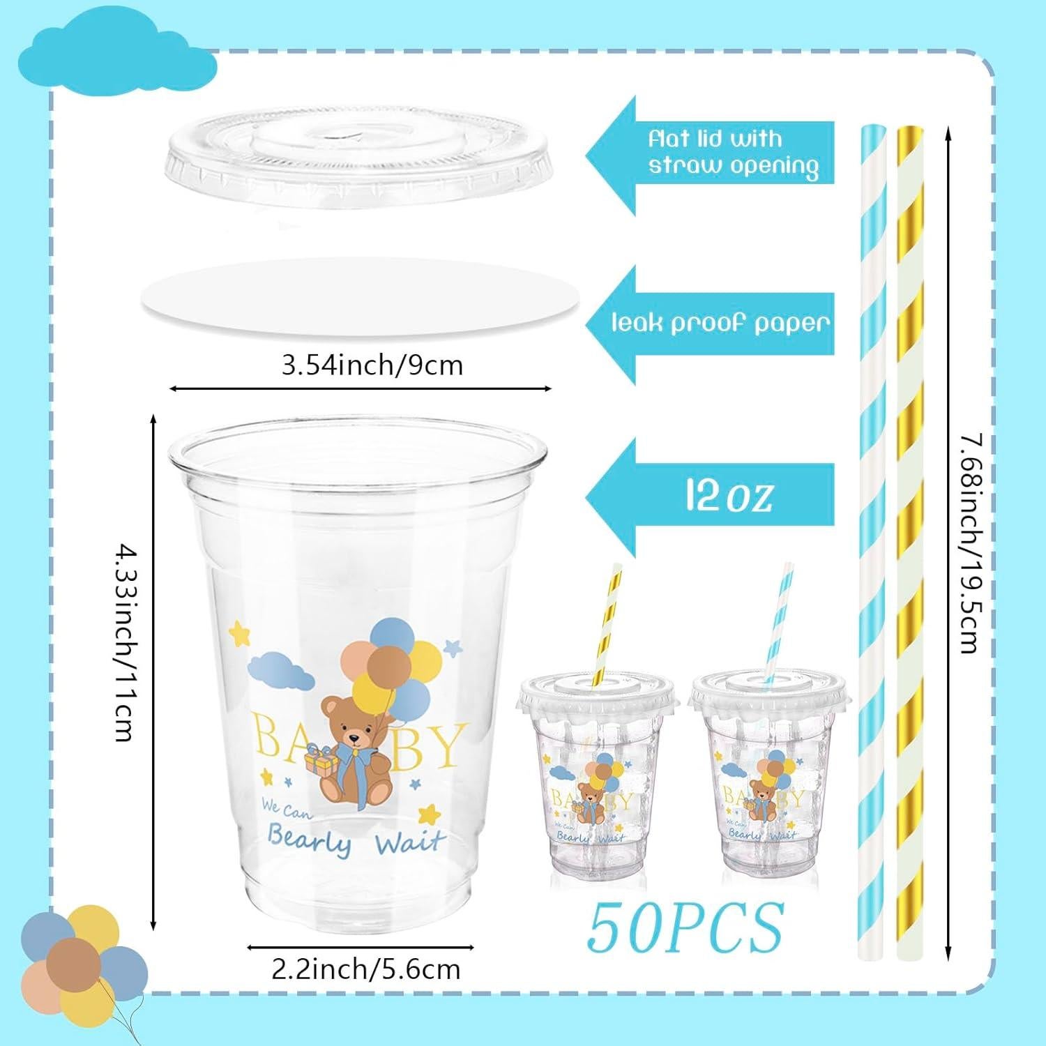 50 Vasos de Plástico Desechables Xuelimei 12 oz Azul con Tapas