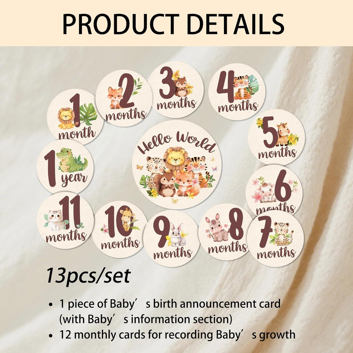 Tarjetas de Hitos Mensuales Bebé - 13 Discos de Madera Animales