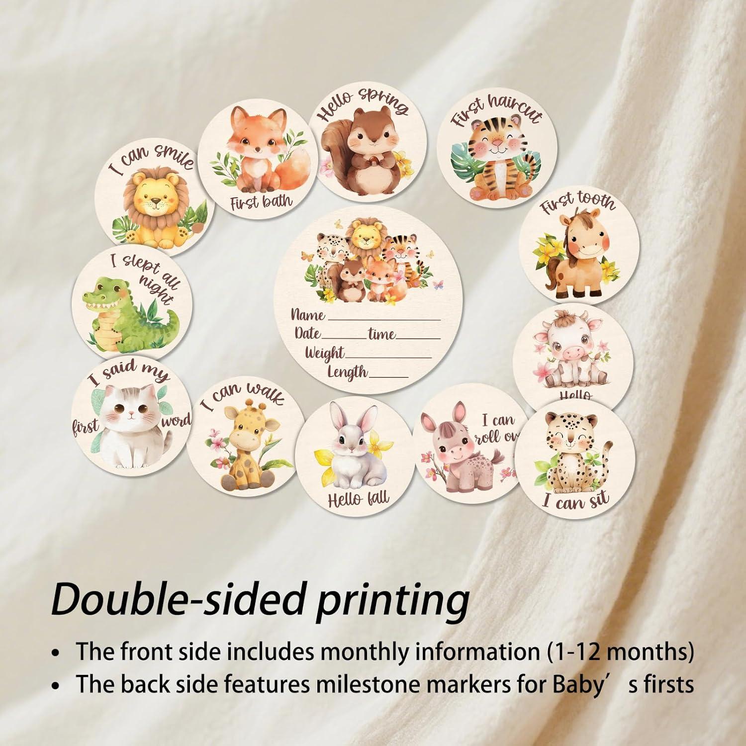 Tarjetas de Hitos Mensuales Bebé - 13 Discos de Madera Animales