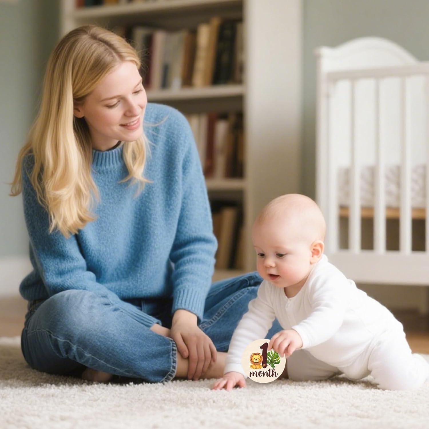 Tarjetas de Hitos Mensuales Bebé - 13 Discos de Madera Animales
