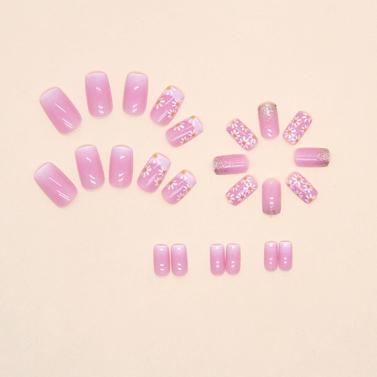 Uñas Postizas Punta Francesa Rosa Brillo Gradiente 24 Piezas