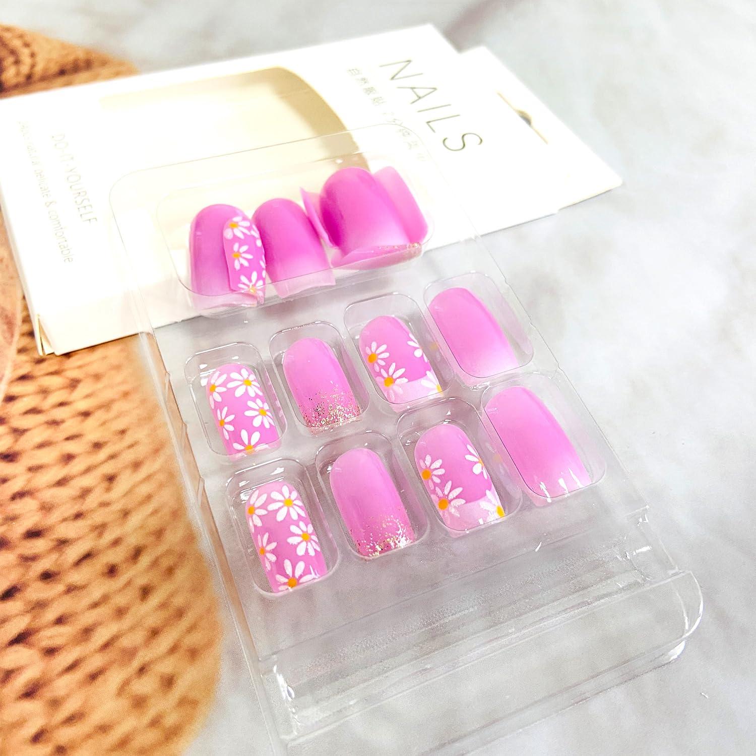 Uñas Postizas Punta Francesa Rosa Brillo Gradiente 24 Piezas