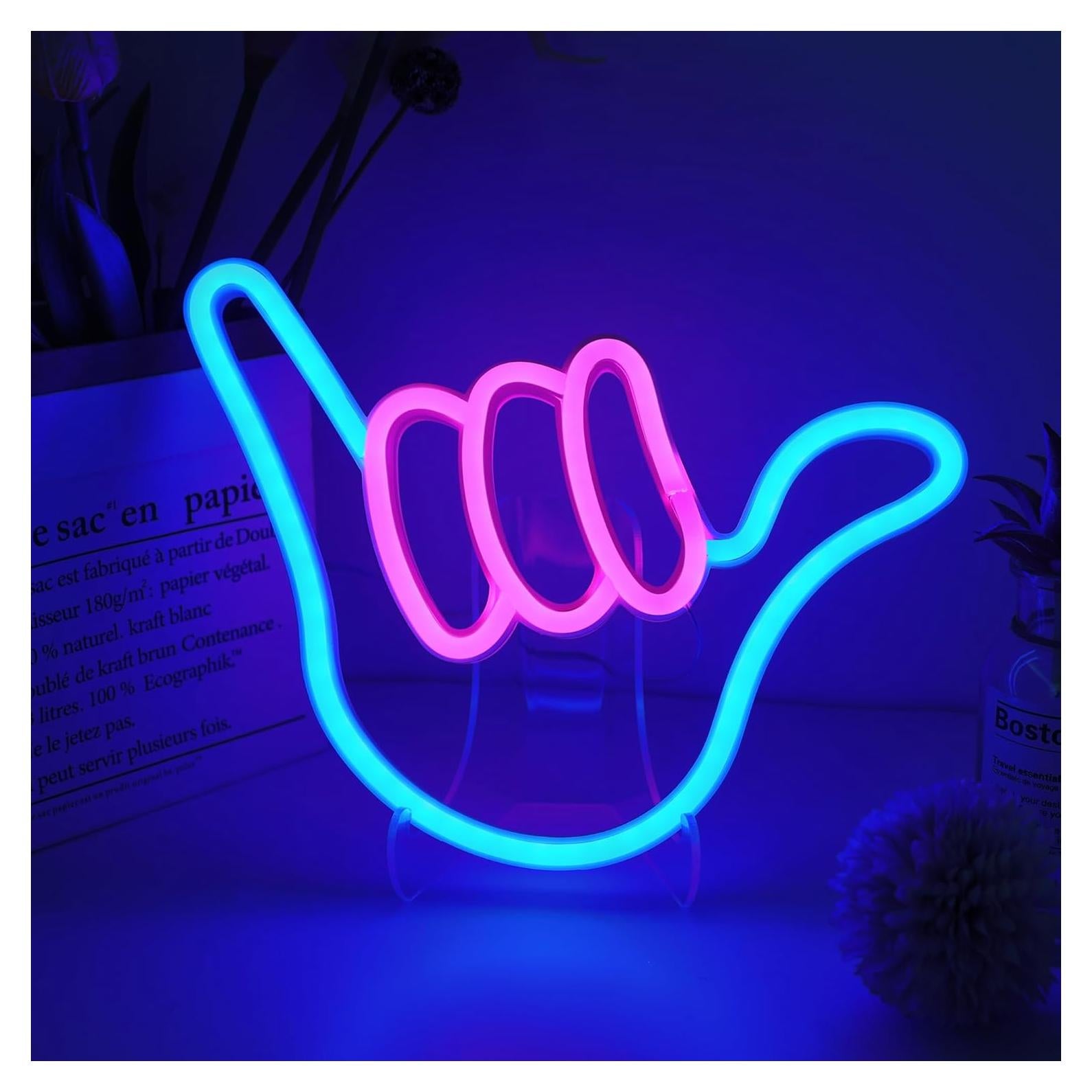 Luz Neón LED Mano Shaka ENUOLI Rosa Azul para Decoración
