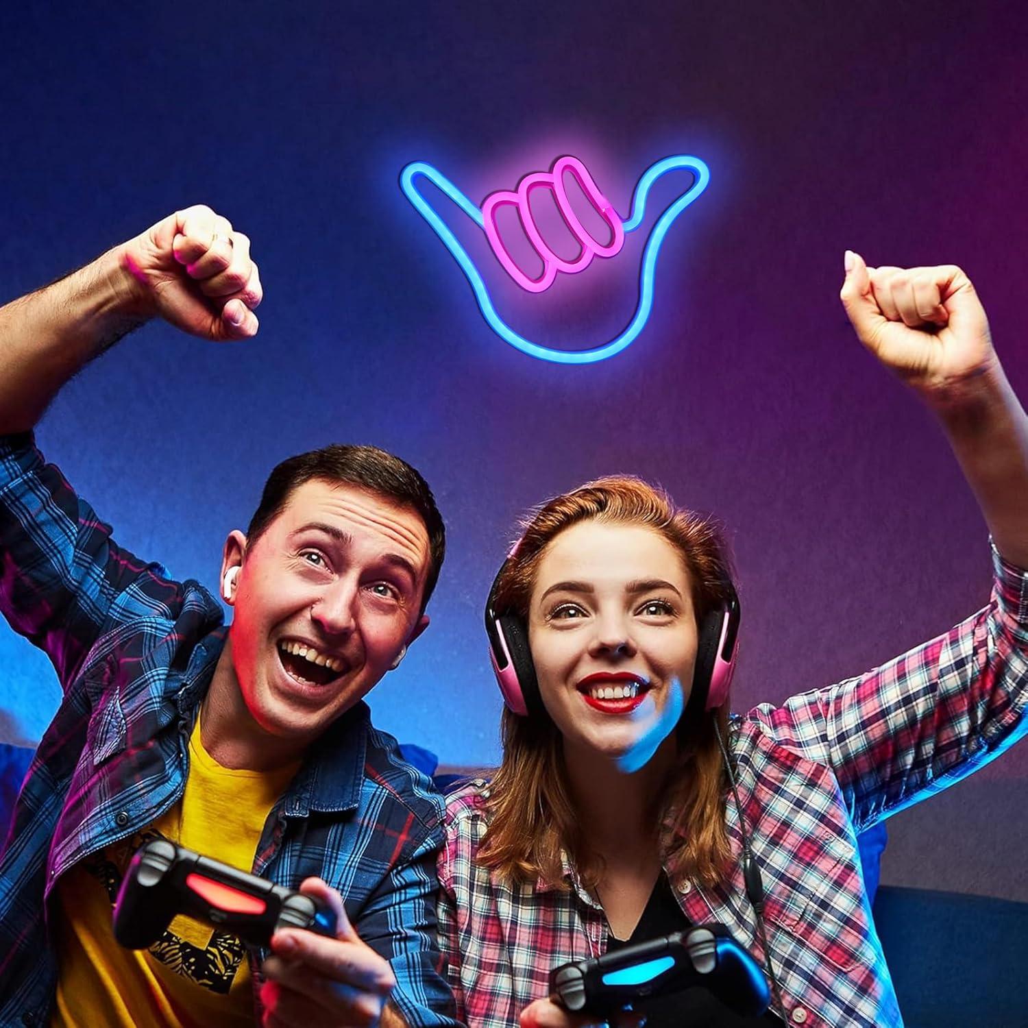 Luz Neón LED Mano Shaka ENUOLI Rosa Azul para Decoración