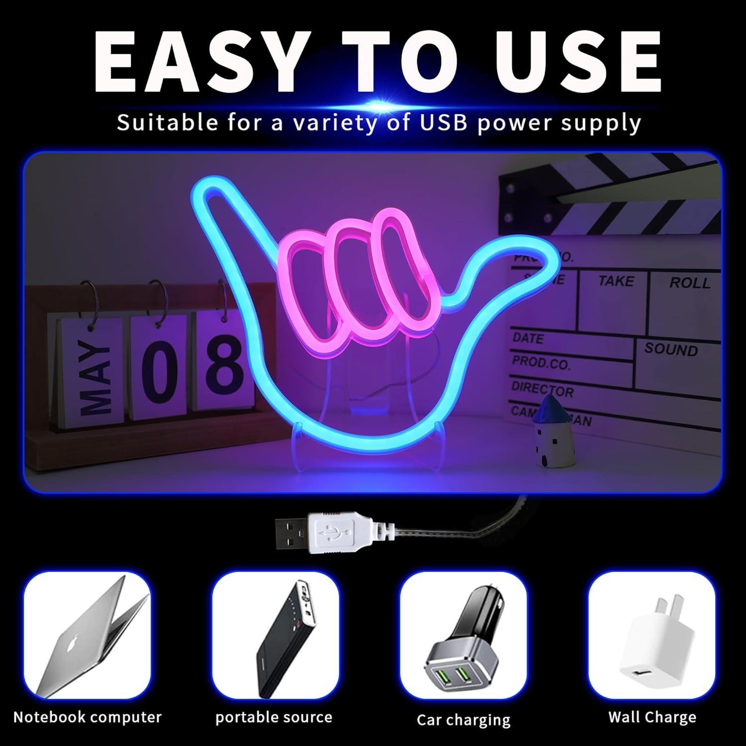 Luz Neón LED Mano Shaka ENUOLI Rosa Azul para Decoración