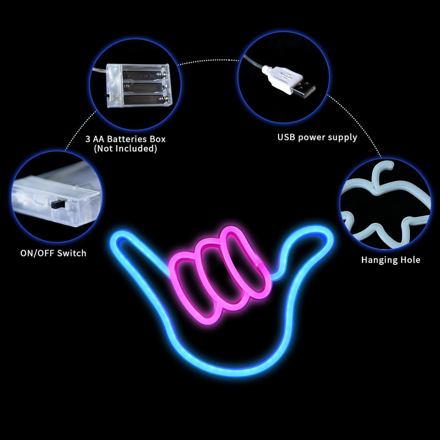 Luz Neón LED Mano Shaka ENUOLI Rosa Azul para Decoración